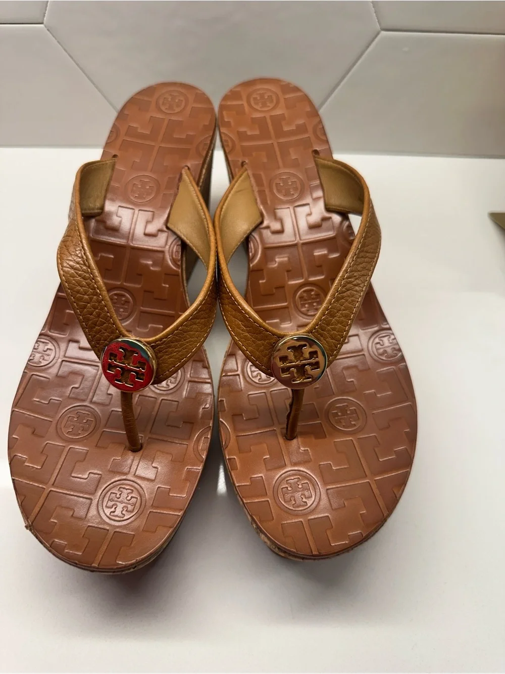 Tory Burch Tan Leather Logo Thong Sandals with Gold-Toned Emblem